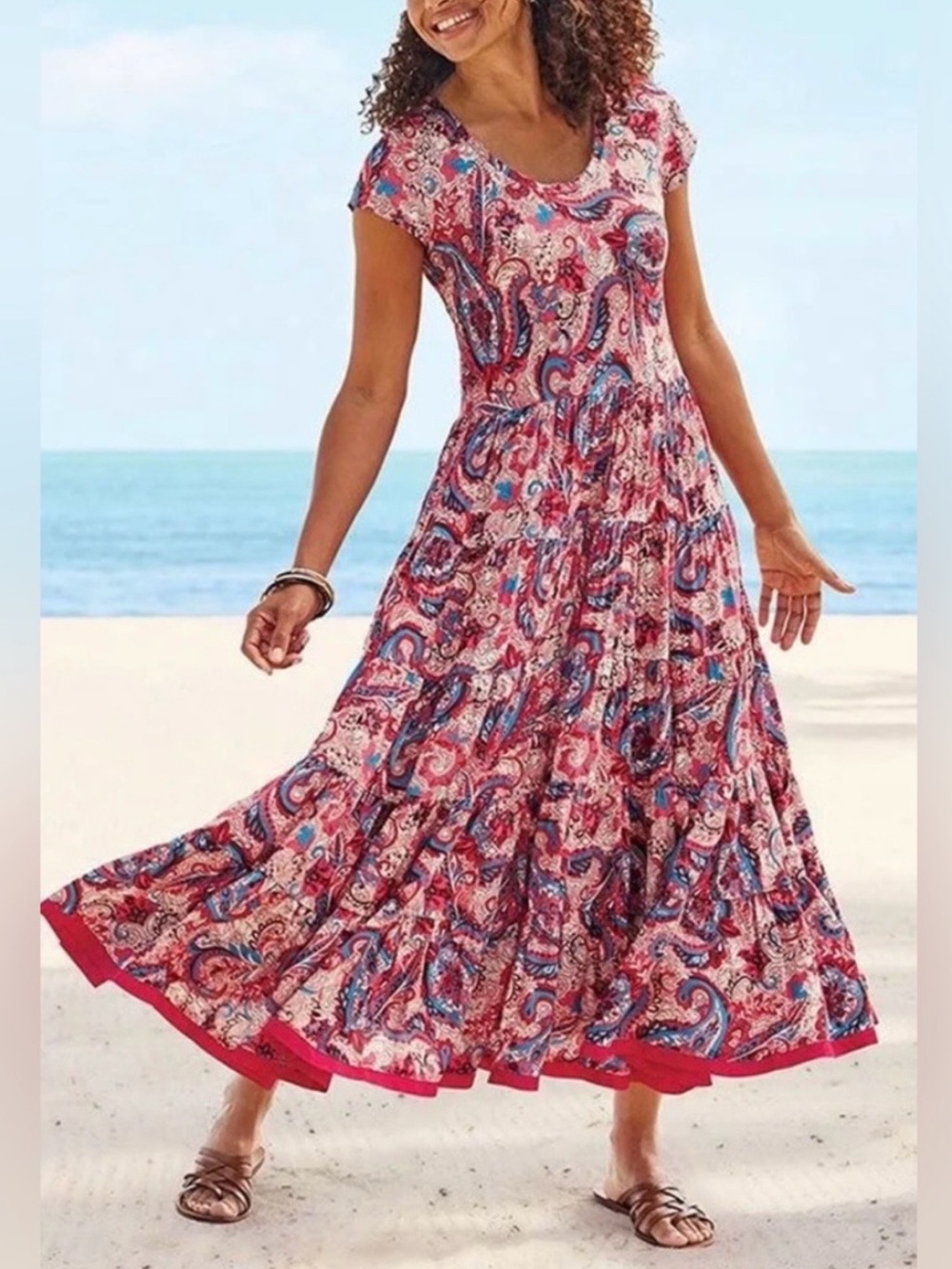 Soft Surroundings Pink Blue Paisley Print Tiered Maxi Dress